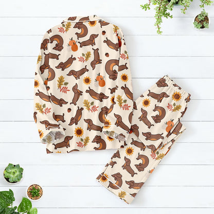 Fall Dachshund Satin Pajama Set, Autumn Wiener Dog Long PJs, Pumpkin Leaf Dog Print Sleepwear, Cozy Dog Mom Loungewear