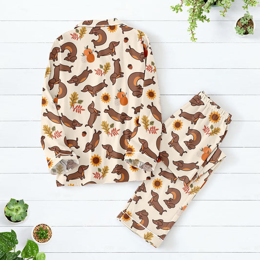 Fall Dachshund Satin Pajama Set, Autumn Wiener Dog Long PJs, Pumpkin Leaf Dog Print Sleepwear, Cozy Dog Mom Loungewear