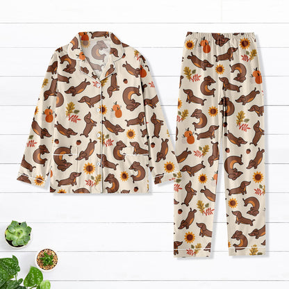 Fall Dachshund Satin Pajama Set, Autumn Wiener Dog Long PJs, Pumpkin Leaf Dog Print Sleepwear, Cozy Dog Mom Loungewear