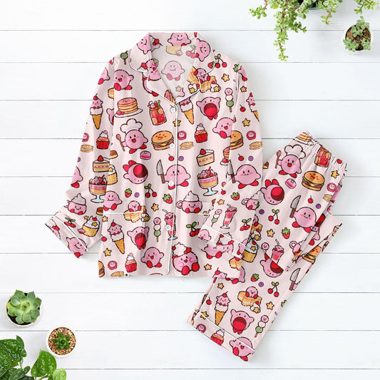 Pink Foodie Character Long Pajama Set, Dessert Print Satin PJs, Kawaii Cartoon Sleepwear for Women, Sweet Treat Loungewear