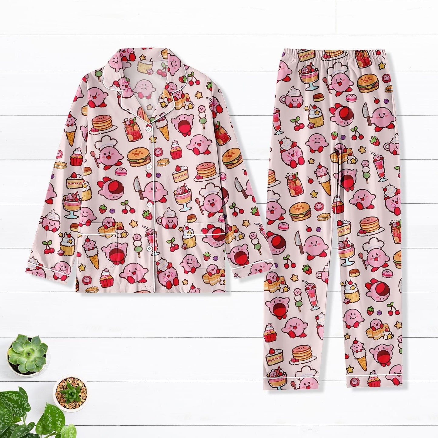 Pink Foodie Character Long Pajama Set, Dessert Print Satin PJs, Kawaii Cartoon Sleepwear for Women, Sweet Treat Loungewear
