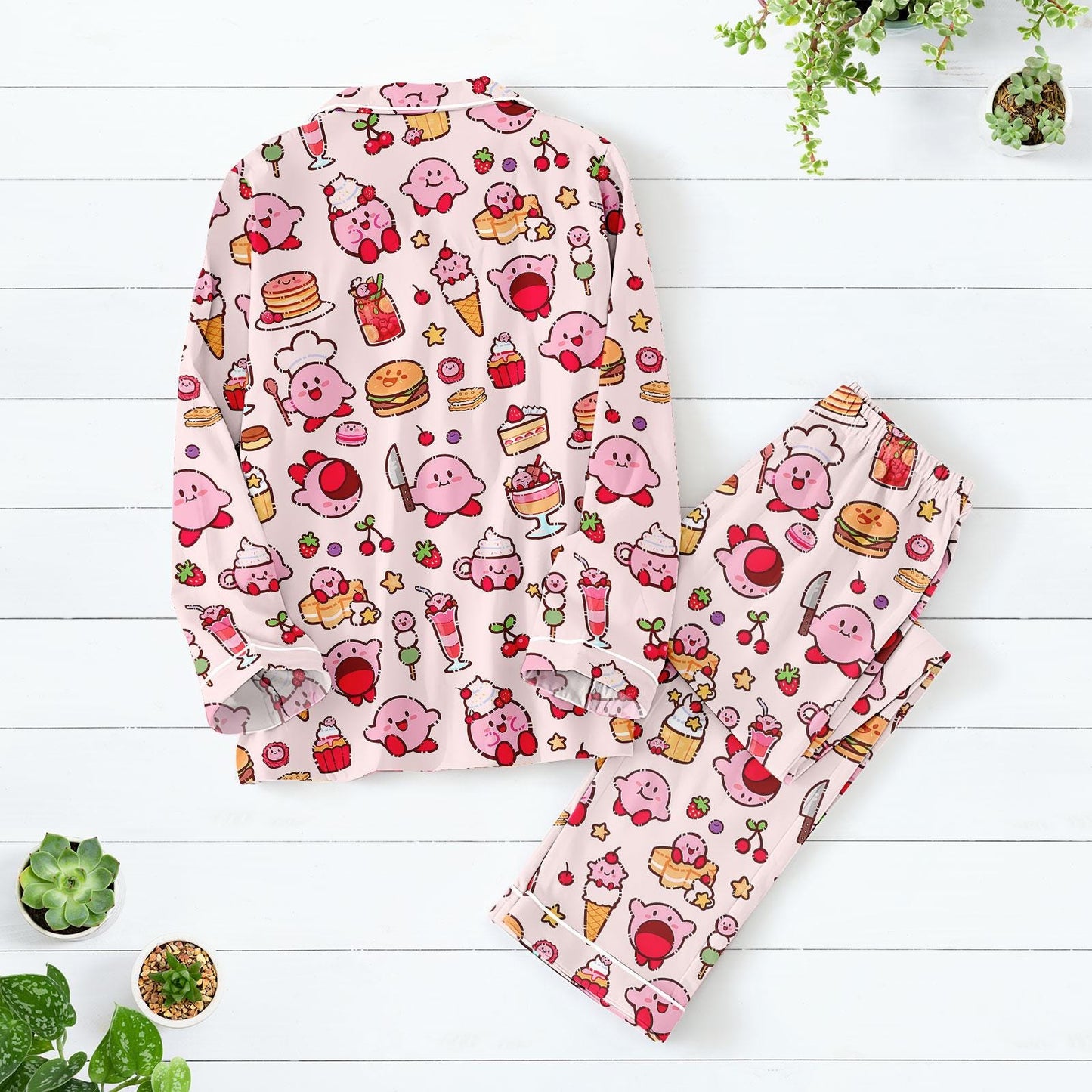 Pink Foodie Character Long Pajama Set, Dessert Print Satin PJs, Kawaii Cartoon Sleepwear for Women, Sweet Treat Loungewear