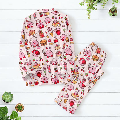 Pink Foodie Character Long Pajama Set, Dessert Print Satin PJs, Kawaii Cartoon Sleepwear for Women, Sweet Treat Loungewear