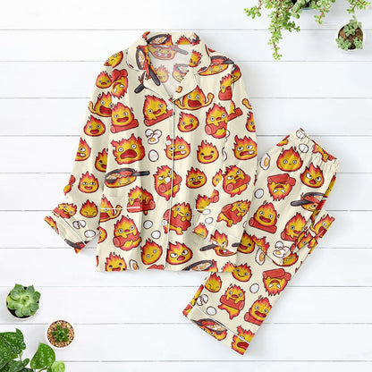 Calcifer Satin Pajama Set, Howl's Moving Castle Inspired Sleepwear, Kawaii Fire Character PJs, Anime Loungewear, Creamy Long Sleeve Set