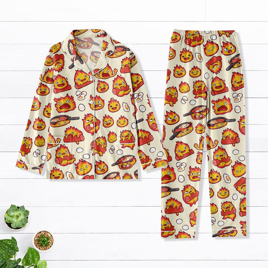 Calcifer Satin Pajama Set, Howl's Moving Castle Inspired Sleepwear, Kawaii Fire Character PJs, Anime Loungewear, Creamy Long Sleeve Set