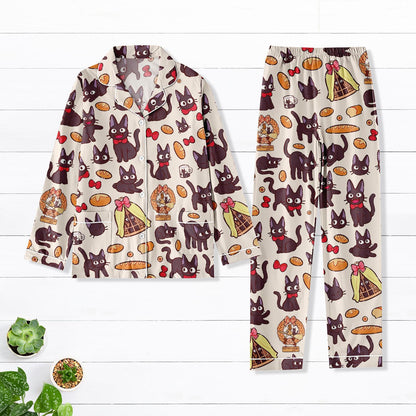 Black Cat and Bread Long Pajama Set, Cute Kawaii Bakery Print PJs, Cozy Cartoon Sleepwear for Women, Neko Foodie Pajamas