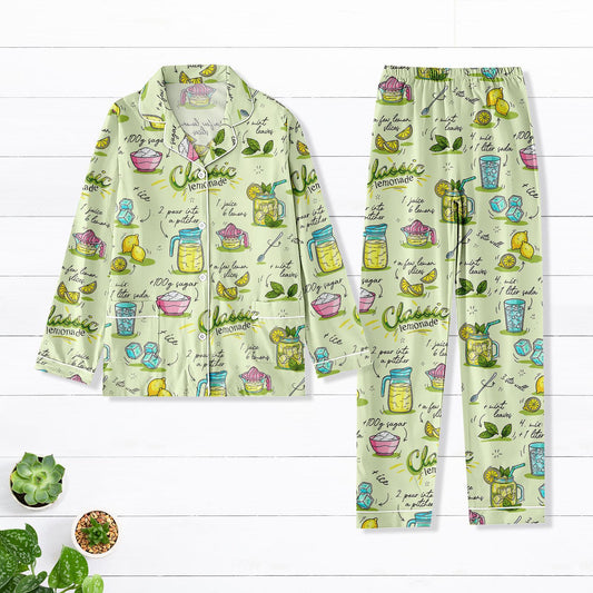 Classic Lemonade Satin Pajama Set, Citrus Recipe Print Long PJs, Summer Drink Sleepwear, Cute Foodie Loungewear for Women