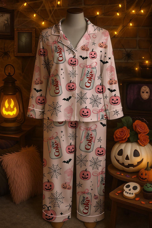 Halloween Coquette Diet Coke Pajamas Satin Set, Diet Coke Halloween Pajamas, Birthday Gift, I need A Diet Coke Sleepwear, Halloween Outfits