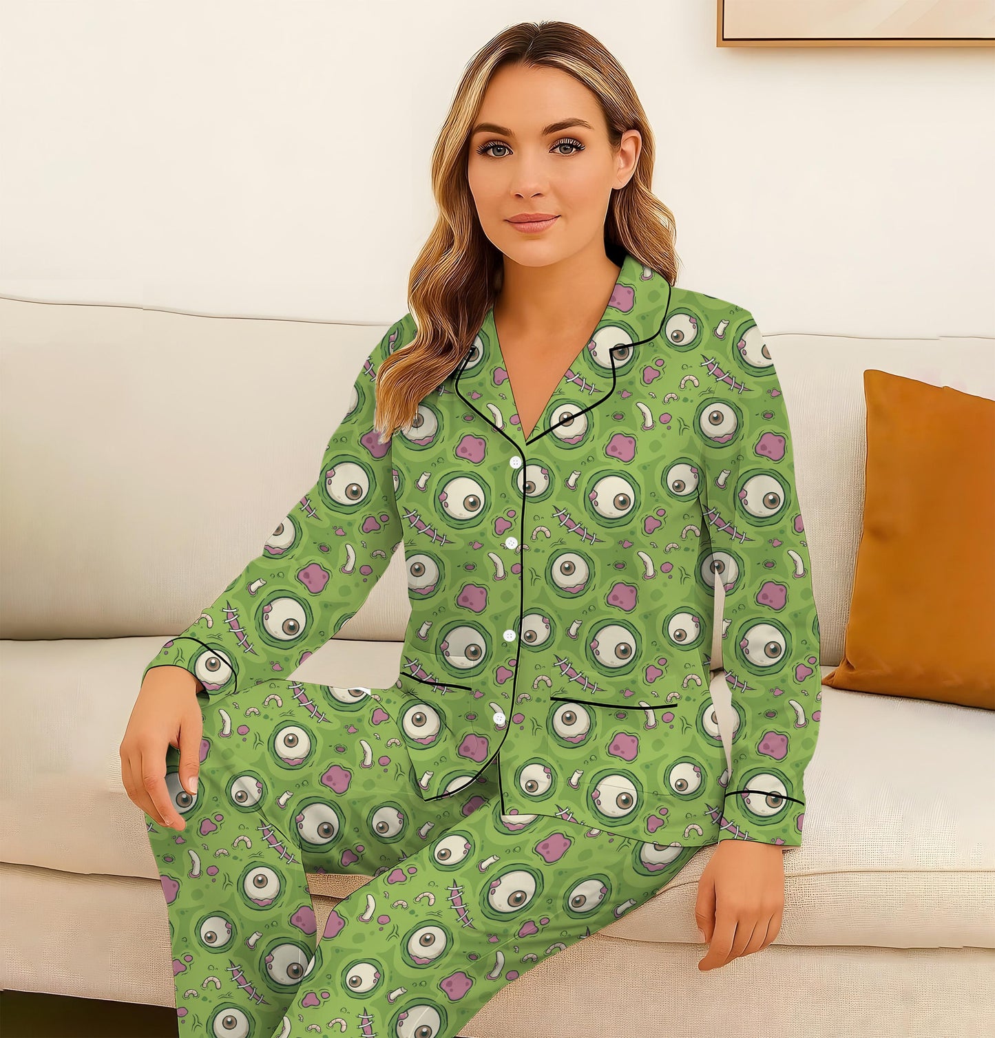 Green Monster Eye Pajamas Set, Funny Zombie Eyeball Sleepwear, Creepy Cute Halloween Sleepwear, Spooky Season Gift, Halloween Gift