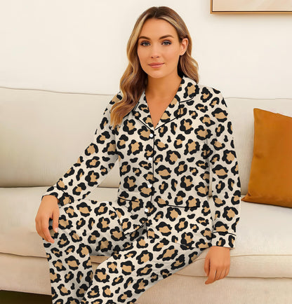 Leopard Pajamas Set, Animal Loungewear, Beige And Black Homewear, Cozy Sleepwear, Cute Leopard Nightwear For Women Men, Halloween Gift