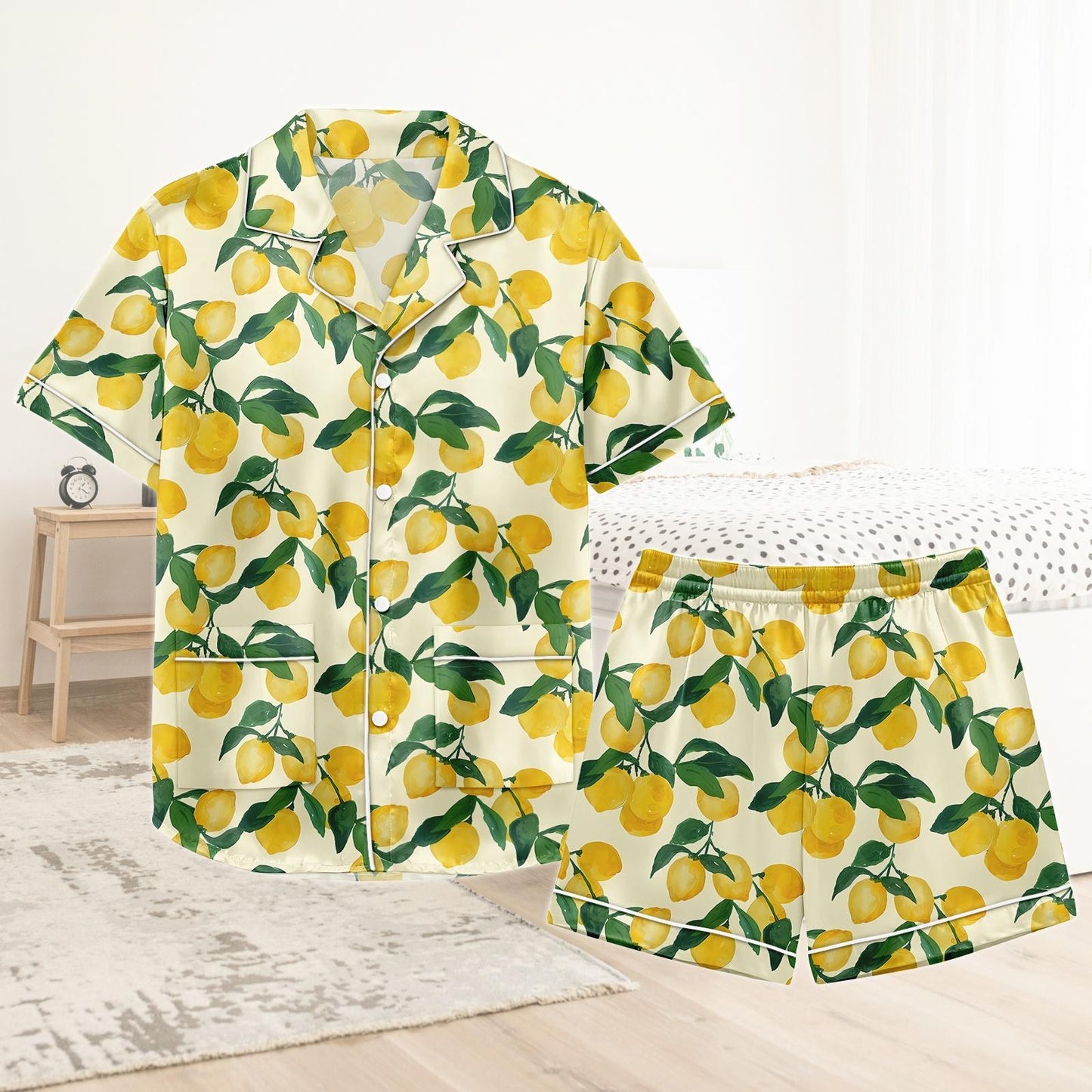 Lemon Short Satin Pajamas, Kawaii Lemon Pajamas Women, Summer Pajama Shorts For Women, Bridal Party Silk Pajamas Women