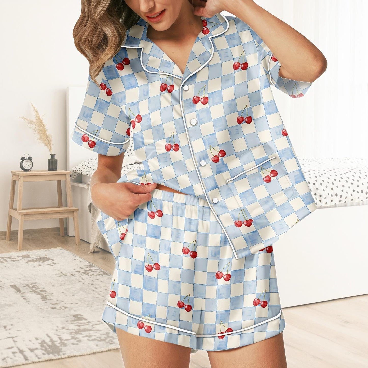 Cherry Short Satin Pajamas, Fruit Print Cherry Pajamas Set Women, Retro Silk Pajamas For Women, Matching Pajama Shorts Women