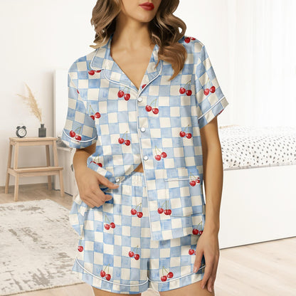 Cherry Short Satin Pajamas, Fruit Print Cherry Pajamas Set Women, Retro Silk Pajamas For Women, Matching Pajama Shorts Women