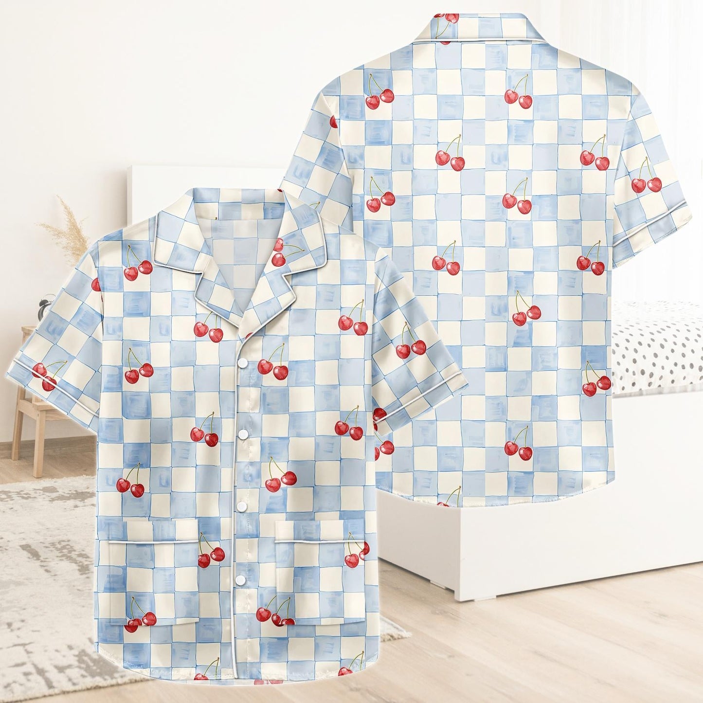 Cherry Short Satin Pajamas, Fruit Print Cherry Pajamas Set Women, Retro Silk Pajamas For Women, Matching Pajama Shorts Women