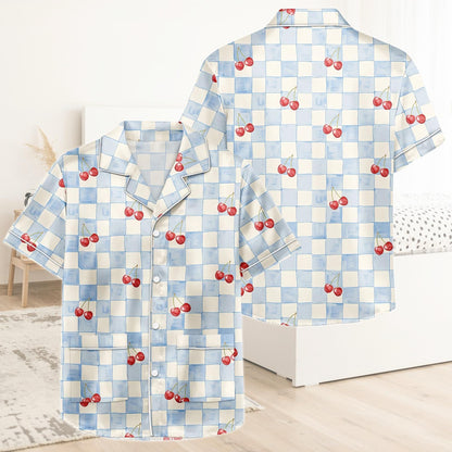 Cherry Short Satin Pajamas, Fruit Print Cherry Pajamas Set Women, Retro Silk Pajamas For Women, Matching Pajama Shorts Women
