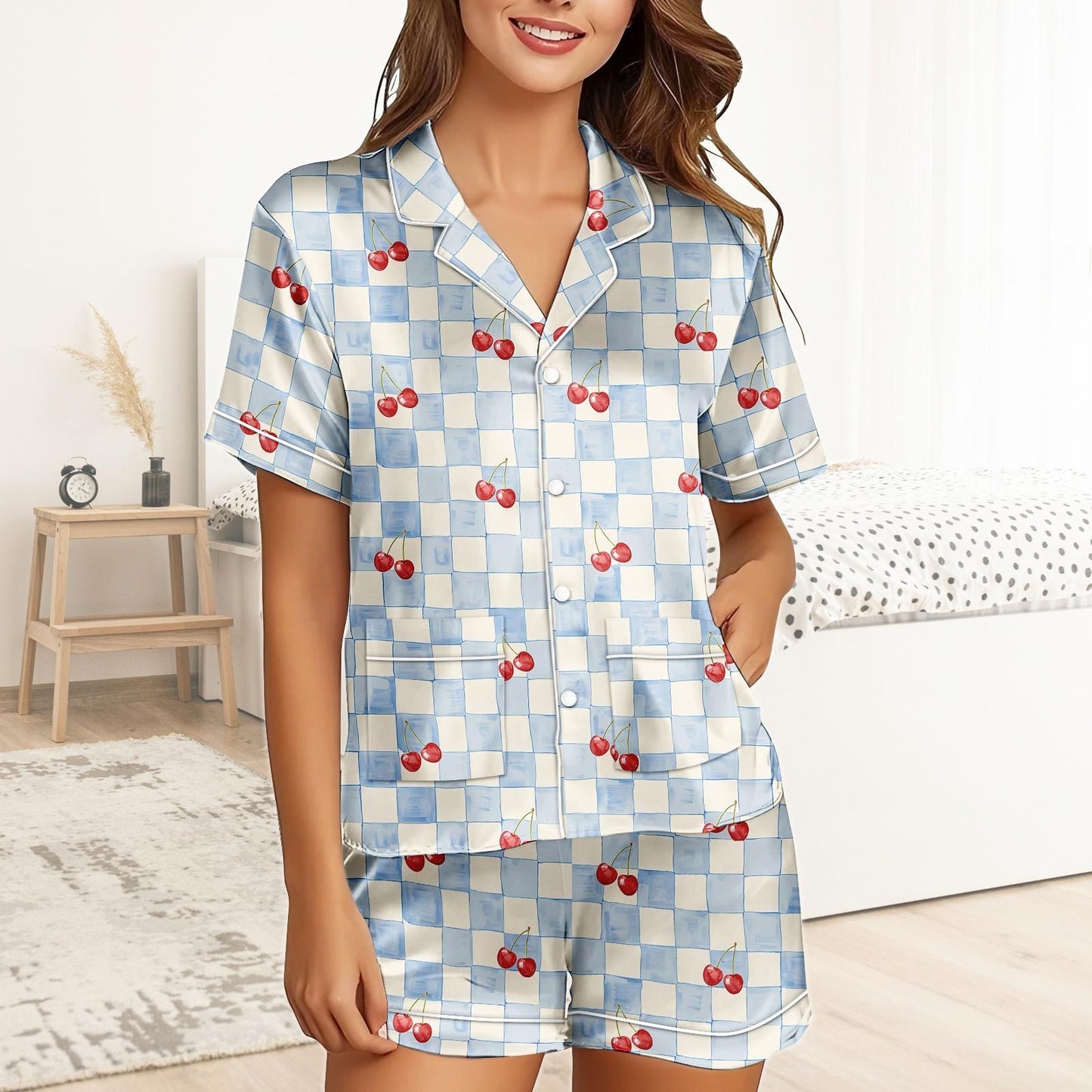 Cherry Short Satin Pajamas, Fruit Print Cherry Pajamas Set Women, Retro Silk Pajamas For Women, Matching Pajama Shorts Women