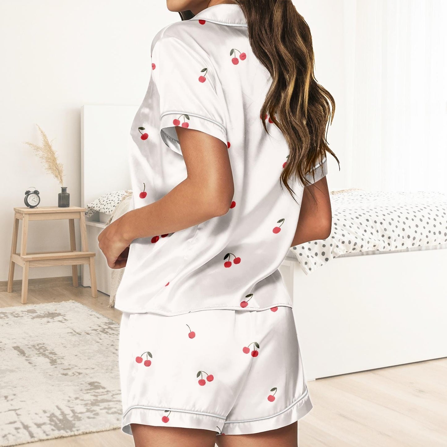 Cherry Short Satin Pajamas, Funny Cherry Pajamas Set Women, Fruit Print Bridal Party Pajamas Women, Summer Matching Pajamas Shorts Wome