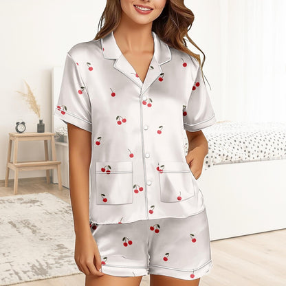 Cherry Short Satin Pajamas, Funny Cherry Pajamas Set Women, Fruit Print Bridal Party Pajamas Women, Summer Matching Pajamas Shorts Wome