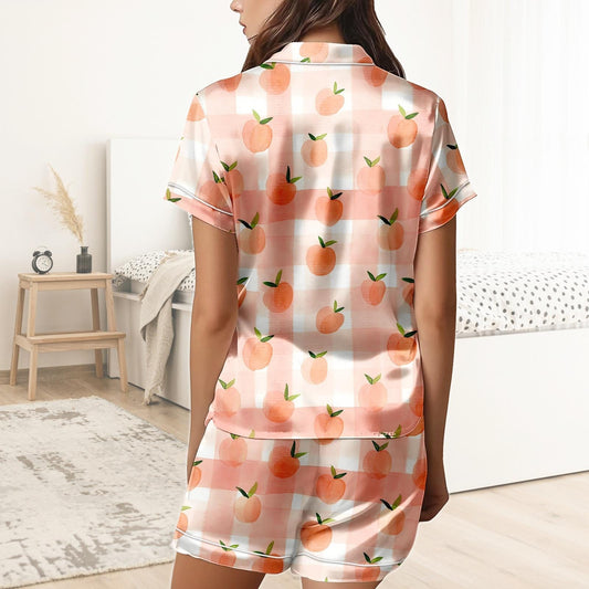 Peach Short Satin Pajamas, Fruit Print Peach Pajamas Set Women, Pastel Silk Pajamas For Women, Summer Matching Pajama Shorts Women