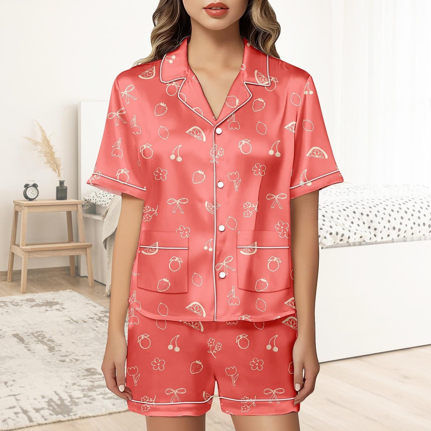 Cute Fruit Short Satin Pajamas, Retro Fruit Bridesmaid Pajamas Women, Pastel Pajama Set Women, Bridal Party Silk Pajamas For Her