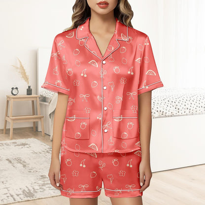 Cute Fruit Short Satin Pajamas, Retro Fruit Bridesmaid Pajamas Women, Pastel Pajama Set Women, Bridal Party Silk Pajamas For Her