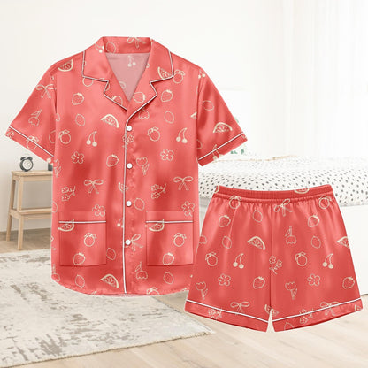 Cute Fruit Short Satin Pajamas, Retro Fruit Bridesmaid Pajamas Women, Pastel Pajama Set Women, Bridal Party Silk Pajamas For Her
