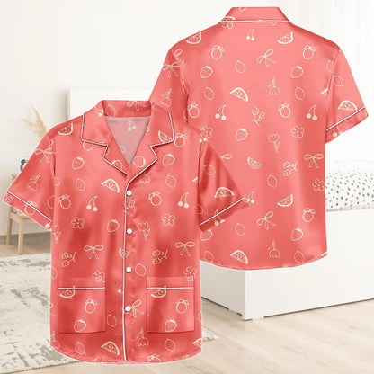 Cute Fruit Short Satin Pajamas, Retro Fruit Bridesmaid Pajamas Women, Pastel Pajama Set Women, Bridal Party Silk Pajamas For Her
