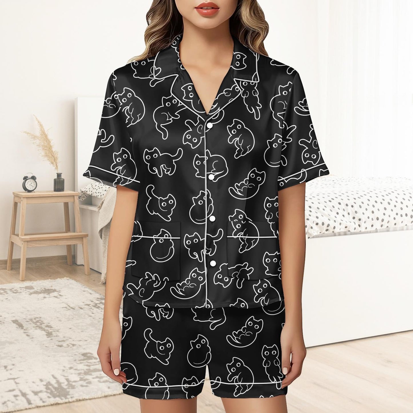 Black Cat Short Satin Pajamas, Spooky Cat Pajamas Set Women, Halloween Silk Pajamas For Women, Pastel Matching Pajamas Women