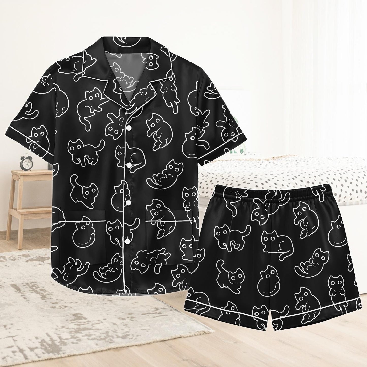 Black Cat Short Satin Pajamas, Spooky Cat Pajamas Set Women, Halloween Silk Pajamas For Women, Pastel Matching Pajamas Women