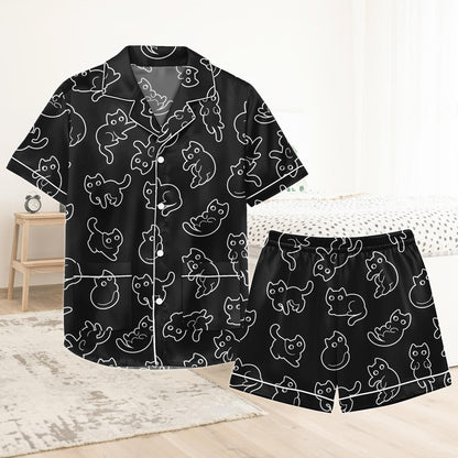 Black Cat Short Satin Pajamas, Spooky Cat Pajamas Set Women, Halloween Silk Pajamas For Women, Pastel Matching Pajamas Women