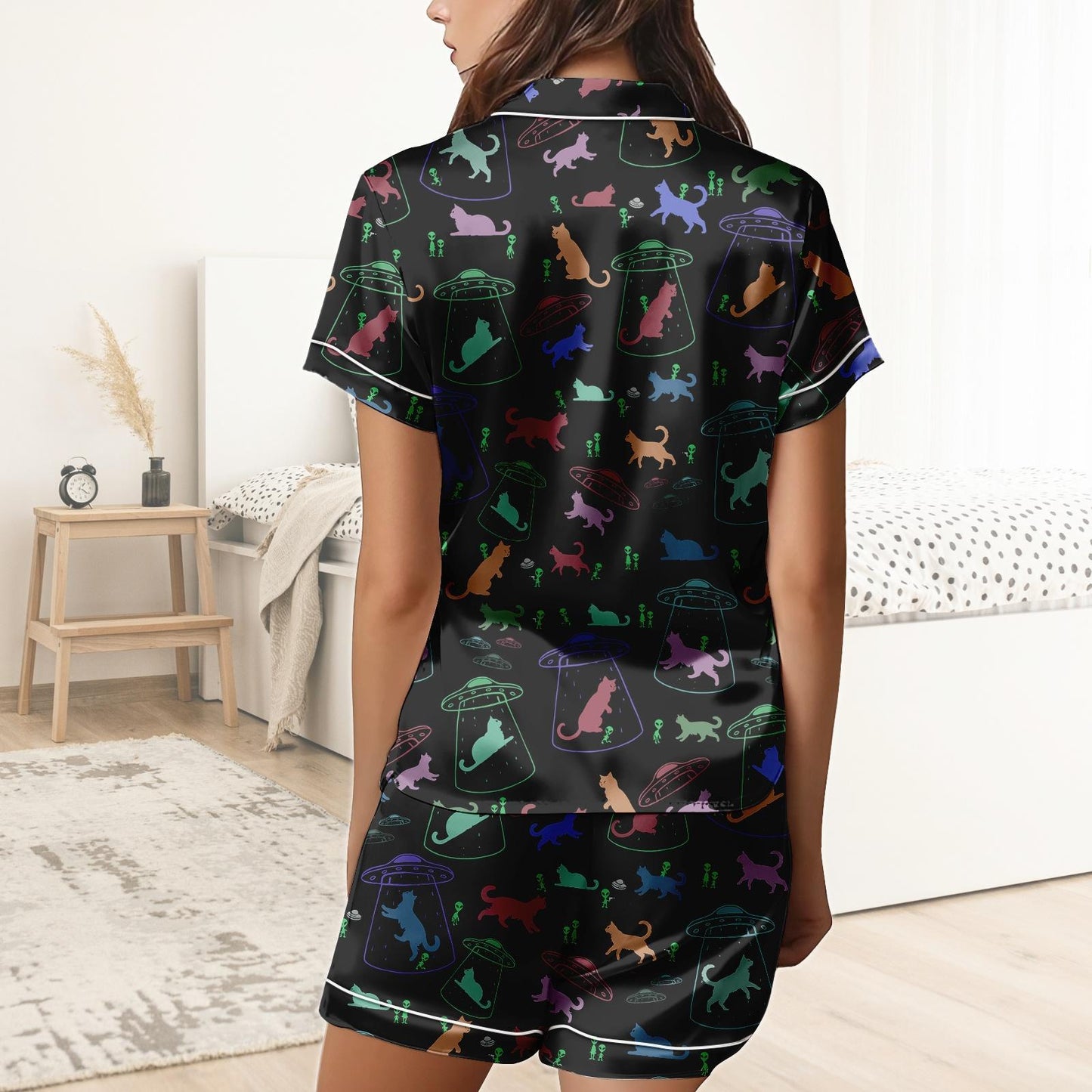 Alien Cat Short Satin Pajamas, Space Cat Pajamas Women, Halloween Pajama Set Women, Pastel Matching Pajamas Women