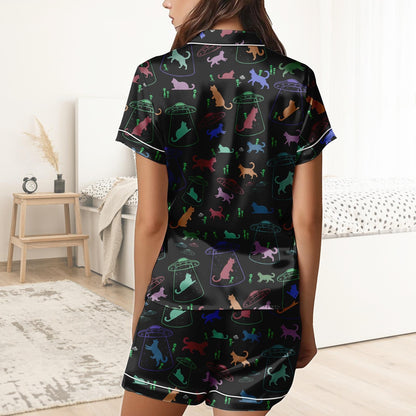 Alien Cat Short Satin Pajamas, Space Cat Pajamas Women, Halloween Pajama Set Women, Pastel Matching Pajamas Women