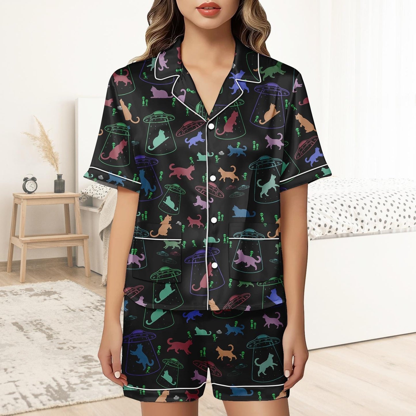 Alien Cat Short Satin Pajamas, Space Cat Pajamas Women, Halloween Pajama Set Women, Pastel Matching Pajamas Women