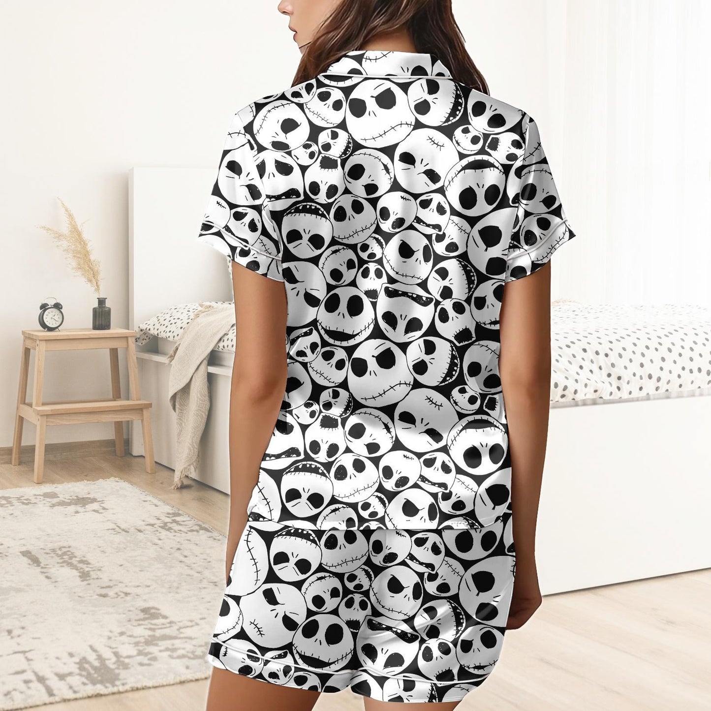 Jack Skellington Short Satin Pajamas, Nightmare Before Christmas Pajamas Set Women, Spooky Silk Pajamas For Women, Halloween Matching P