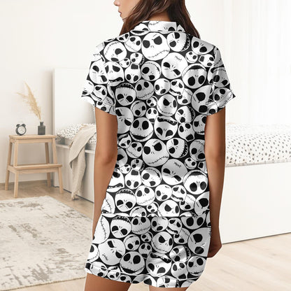 Jack Skellington Short Satin Pajamas, Nightmare Before Christmas Pajamas Set Women, Spooky Silk Pajamas For Women, Halloween Matching P
