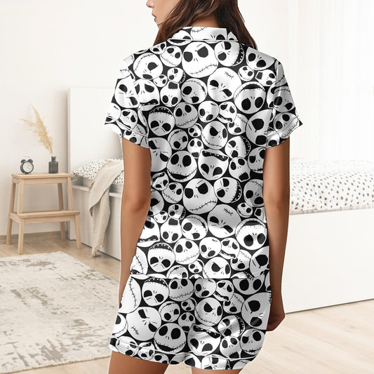 Jack Skellington Short Satin Pajamas, Nightmare Before Christmas Pajamas Set Women, Spooky Silk Pajamas For Women, Halloween Matching P