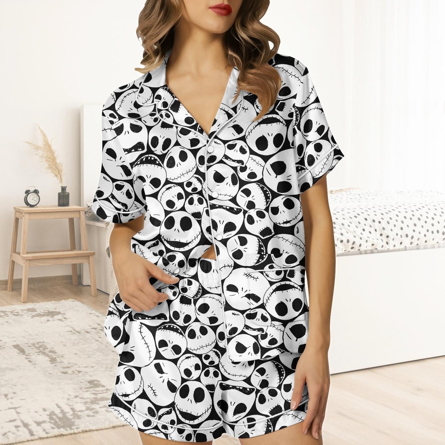 Jack Skellington Short Satin Pajamas, Nightmare Before Christmas Pajamas Set Women, Spooky Silk Pajamas For Women, Halloween Matching P