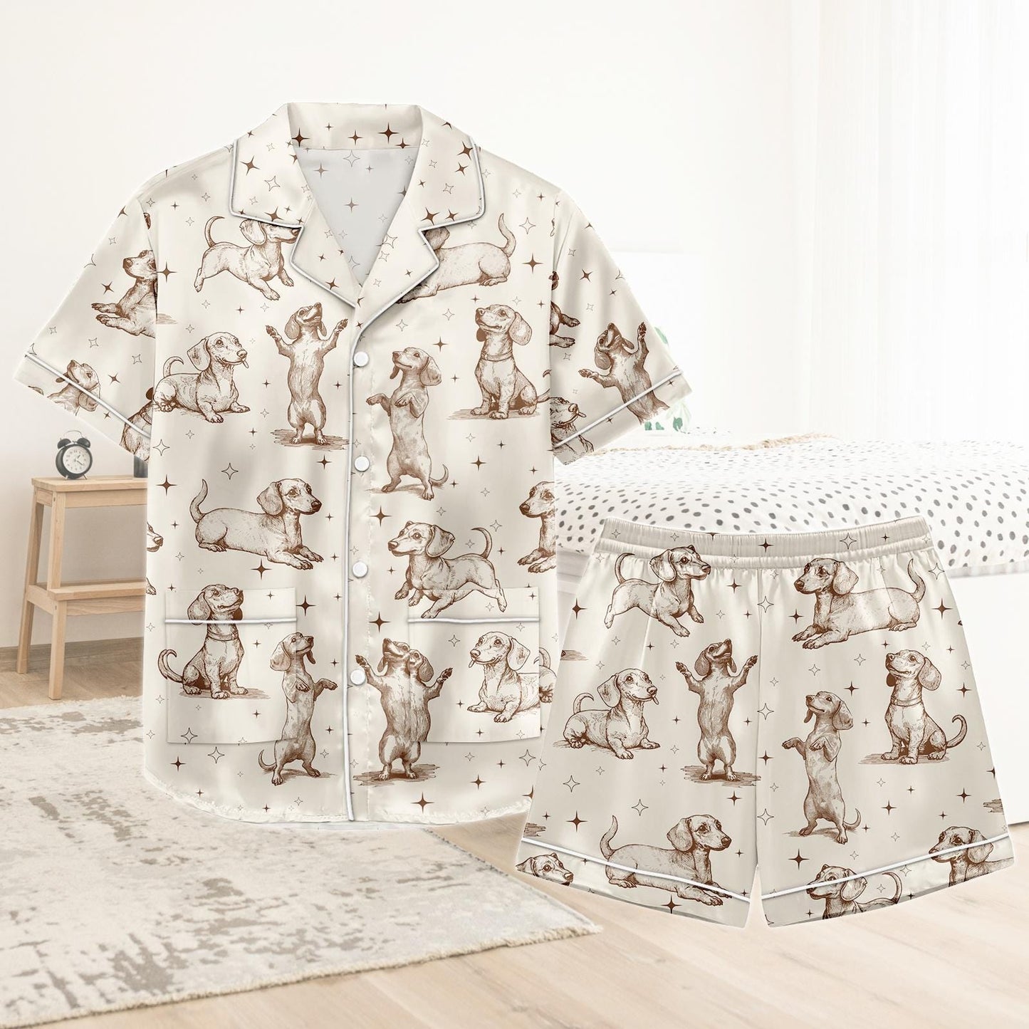 Dachshund Short Satin Pajamas, Sausage Dog Pajamas Set Women, Kawaii Silk Pajamas For Women, Pastel Pajamas For Her