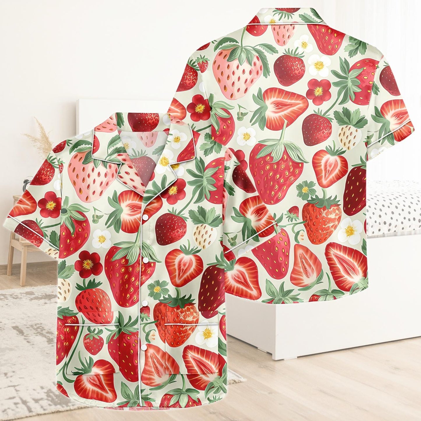 Strawberry Short Satin Pajamas, Fruity Strawberry Pajamas Set Women, Pastel Silk Pajamas For Women, Kawaii Matching Pajamas Women