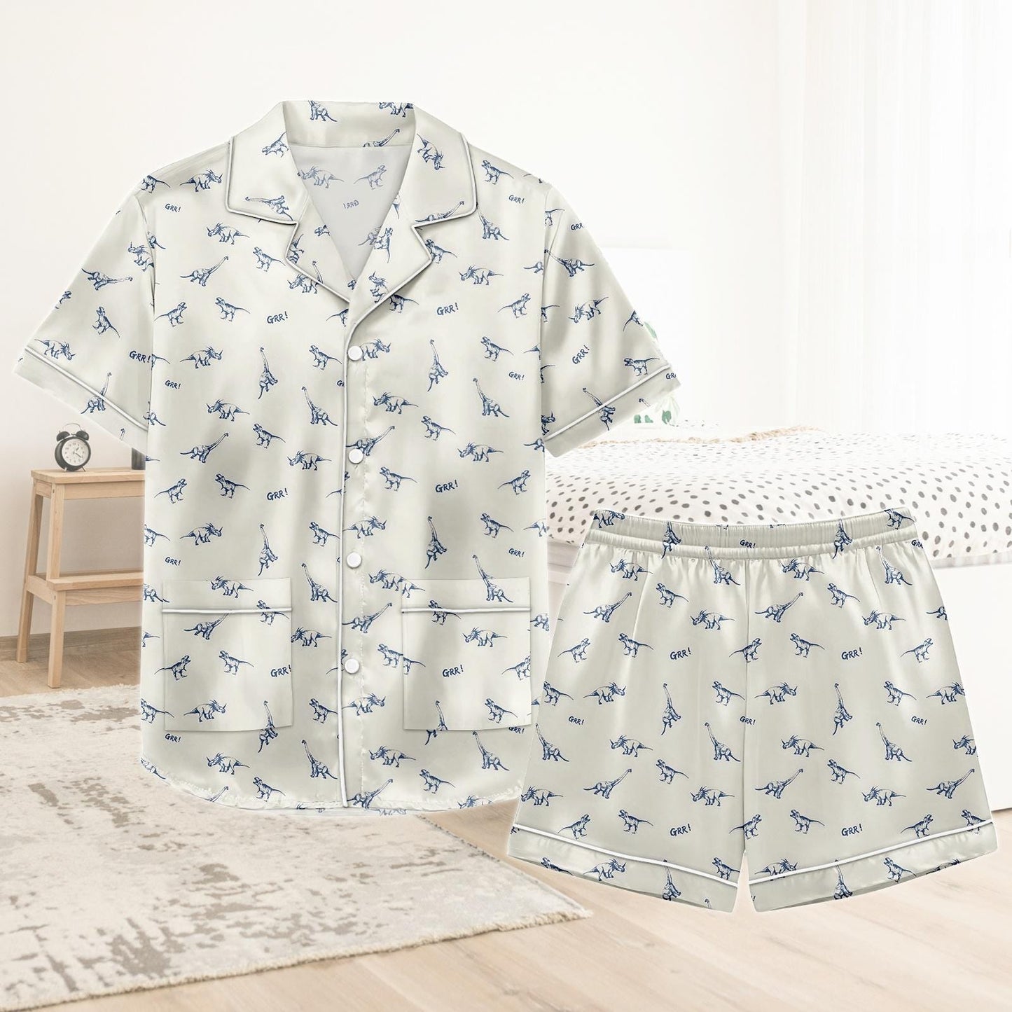 Dinosaur Short Satin Pajamas, Kawaii Dinosaur Pajamas Set Women, Jurassic Silk Pajamas For Women, Matching Pajamas Shorts