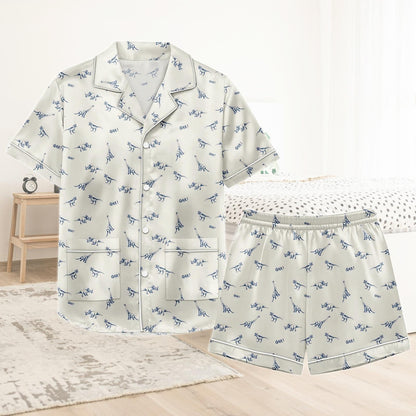 Dinosaur Short Satin Pajamas, Kawaii Dinosaur Pajamas Set Women, Jurassic Silk Pajamas For Women, Matching Pajamas Shorts