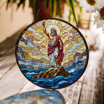 Biblical stained glass Moses parting sea round suncatcher Christian home decor gift for Easter or pastor
