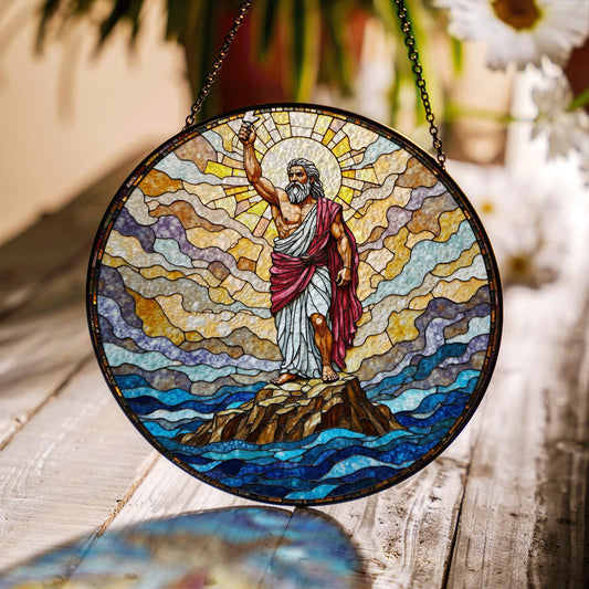 Biblical stained glass Moses parting sea round suncatcher Christian home decor gift for Easter or pastor
