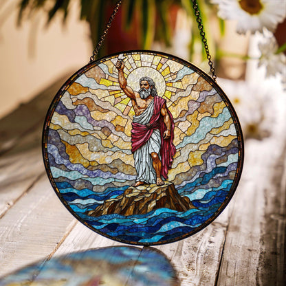 Biblical stained glass Moses parting sea round suncatcher Christian home decor gift for Easter or pastor