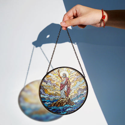 Biblical stained glass Moses parting sea round suncatcher Christian home decor gift for Easter or pastor