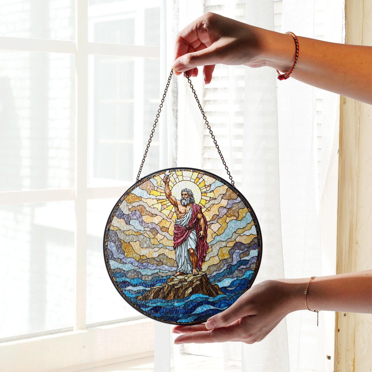 Biblical stained glass Moses parting sea round suncatcher Christian home decor gift for Easter or pastor