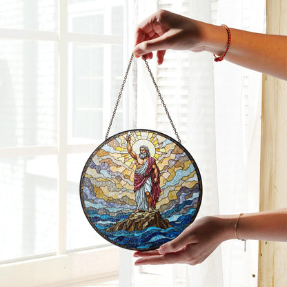 Biblical stained glass Moses parting sea round suncatcher Christian home decor gift for Easter or pastor