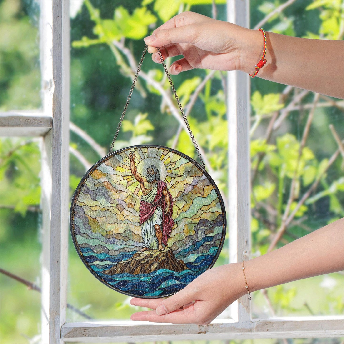 Biblical stained glass Moses parting sea round suncatcher Christian home decor gift for Easter or pastor