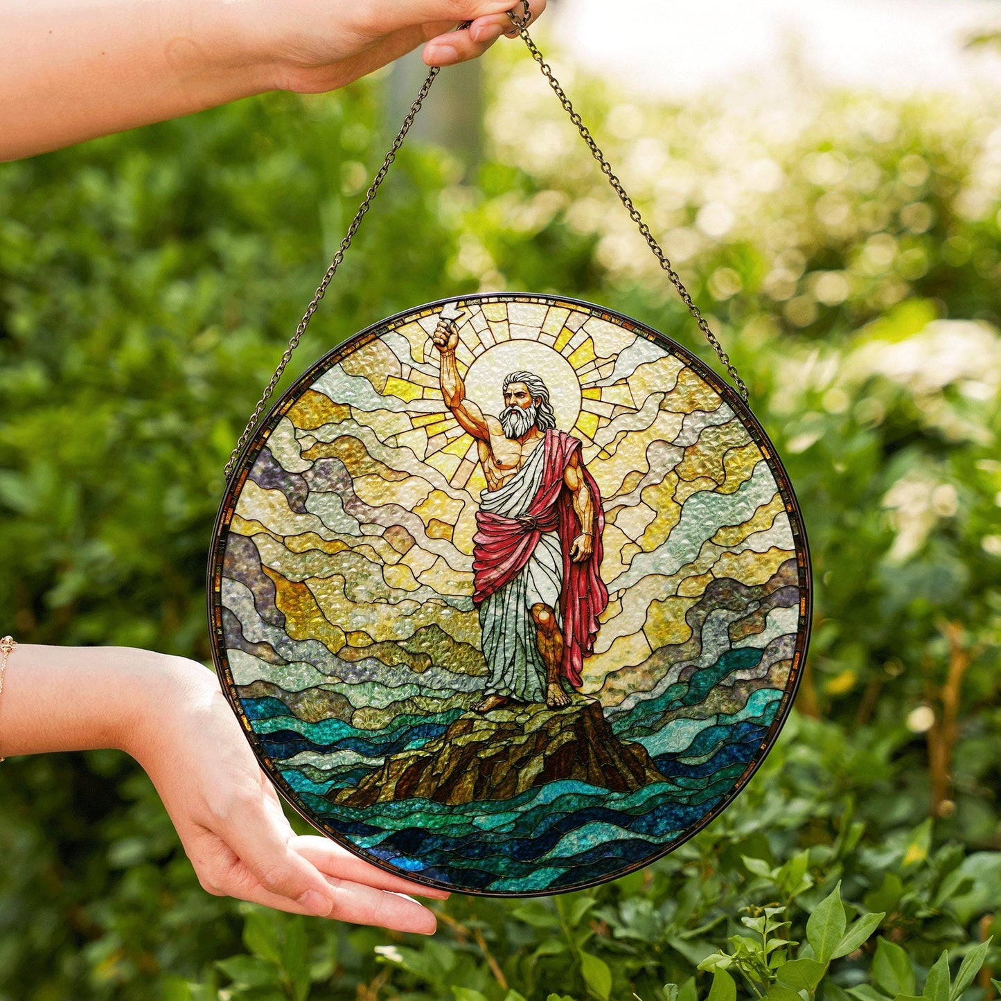 Biblical stained glass Moses parting sea round suncatcher Christian home decor gift for Easter or pastor