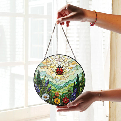Ladybug and wildflower stained glass suncatcher spring garden gift